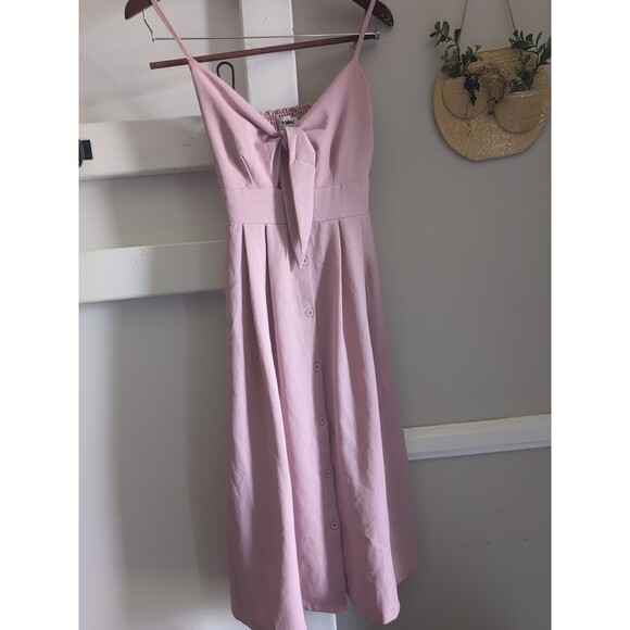 Yidarton Women's S Pale Pink Front Bow Tie Midi SunDress Buttons & Cut Outs - Picture 2 of 10